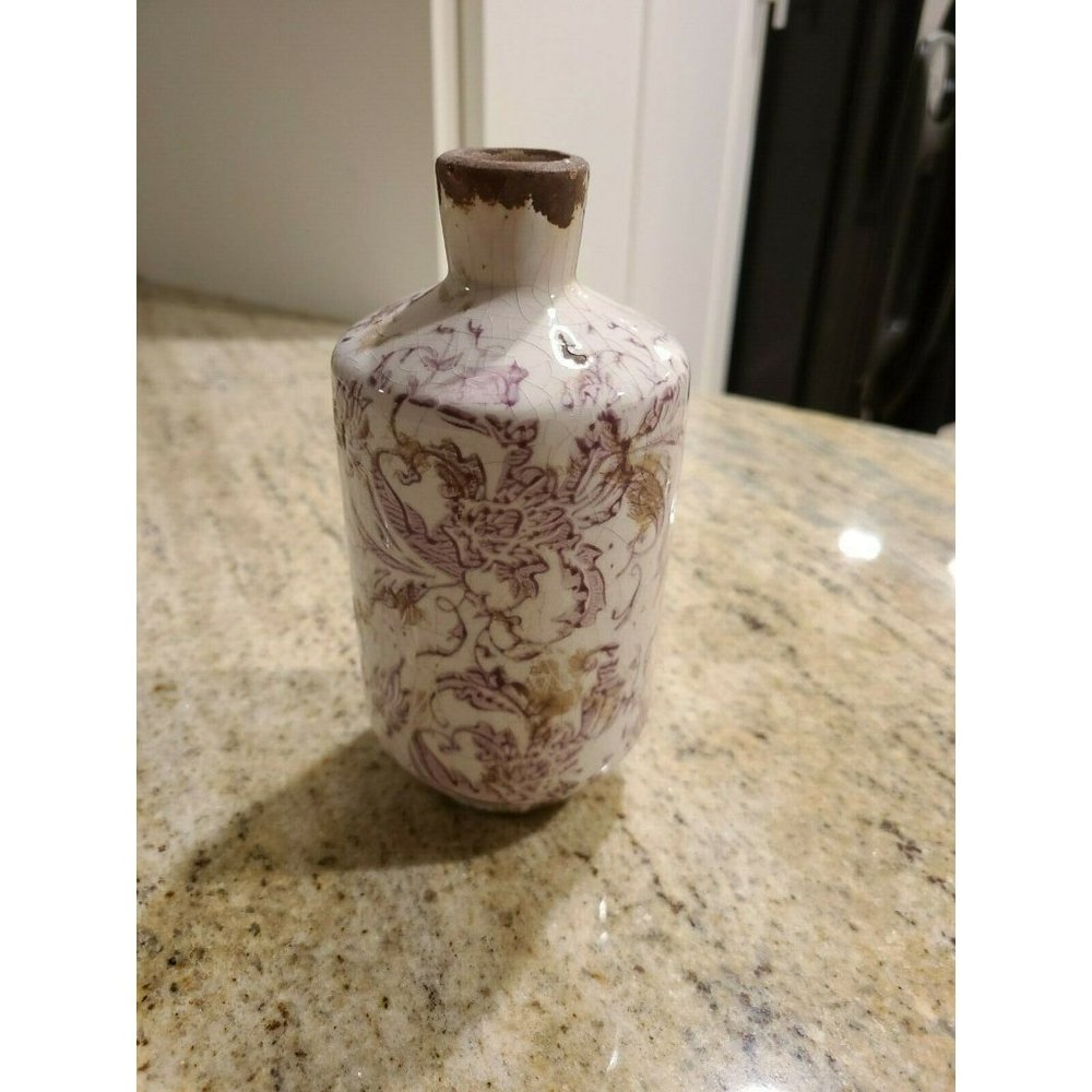 Antique Hand Painted Purple Floral (clay?) Vase or Mini Jug. App H 7" x W 3 1/4"